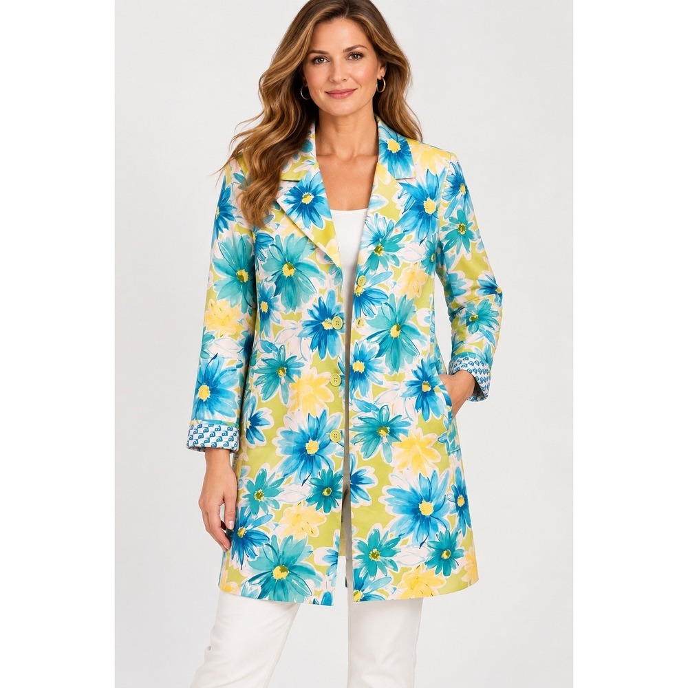 Pierre Cardin Floral Car Coat Womens 8 Blue Yellow Excellent Cotton Blend Jacket